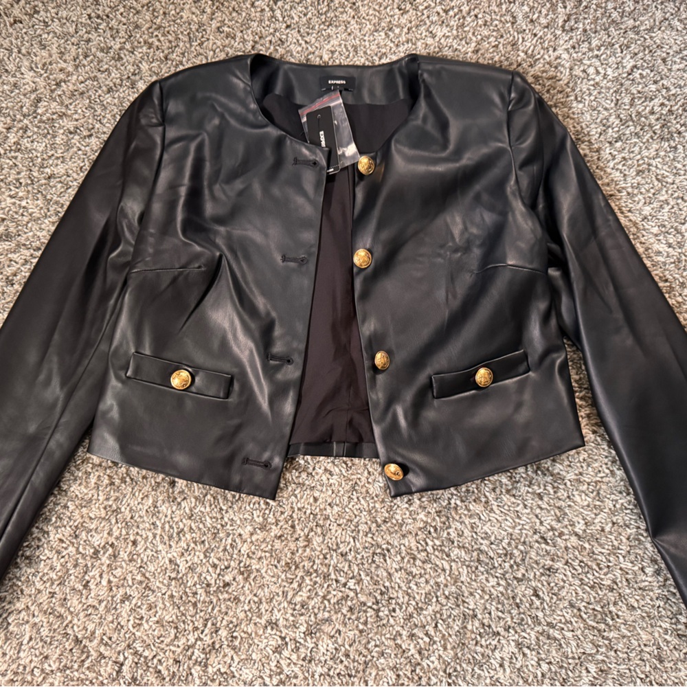 Faux Leather Gold Button
Cropped Jacket